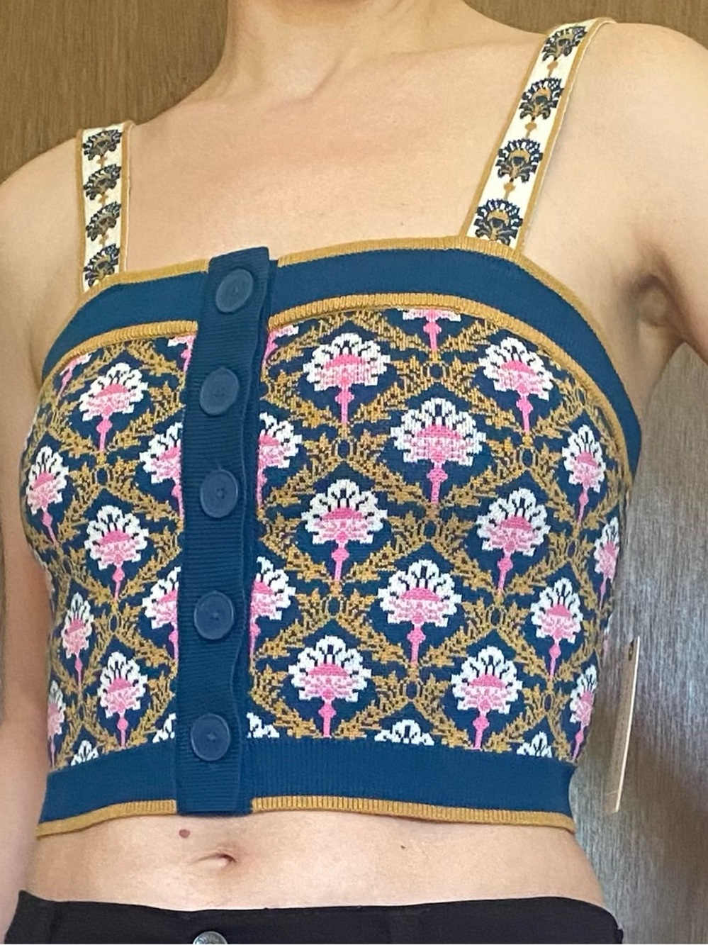 Anthropologie Teal Floral Knit Crop Tank with Pink and Yellow Gold Pattern